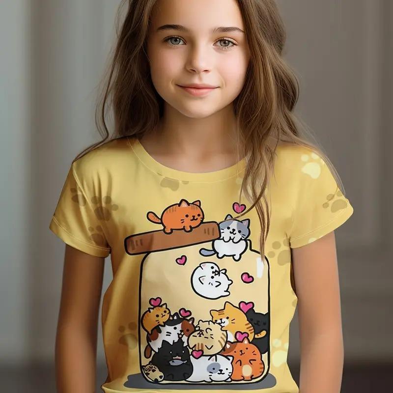 Kinderkleidung Kinder T-Shirt Mädchen Kurzarm Top Cartoon Katze Kawaii Mädchen Sommerkleidung Kinder T-Shirt Kinderkleidung