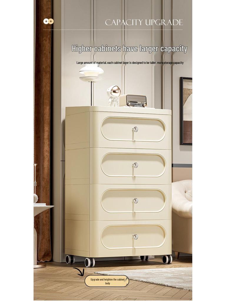 Cream Style Plastic Storage Cabinet: Thick Drawer-Type Bedside Table for Bedroom or Living Room Snack Storage.