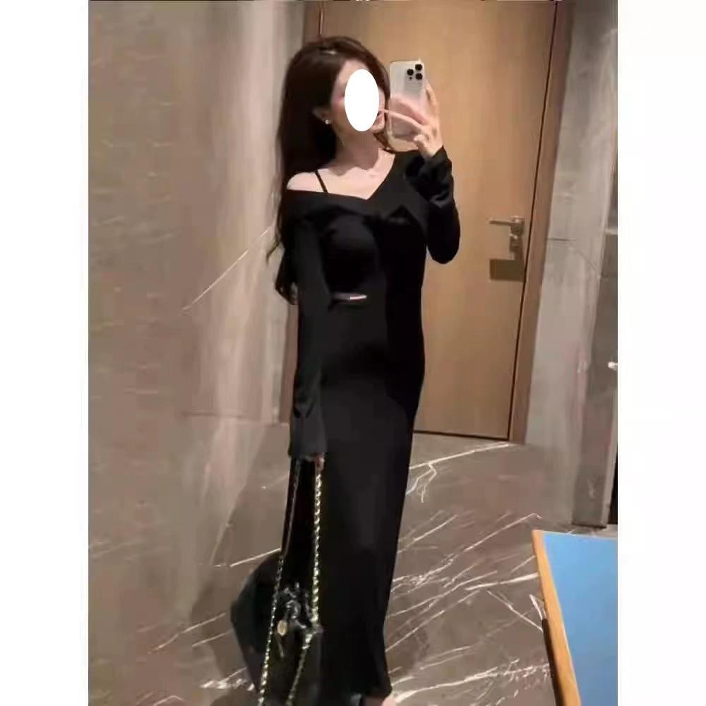 Black waist off-the-shoulder long-sleeved dress women's autumn new design sense slim waist temperament long skirt