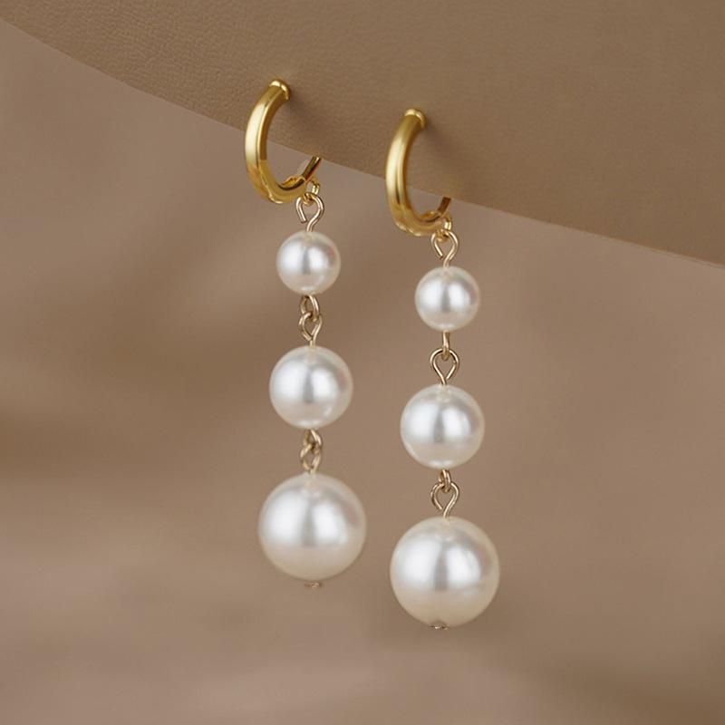 Classic Retro Pearl Long Earrings for Women White Red Imitation Pearl Round Korean Party Wedding Temperament Jewelry