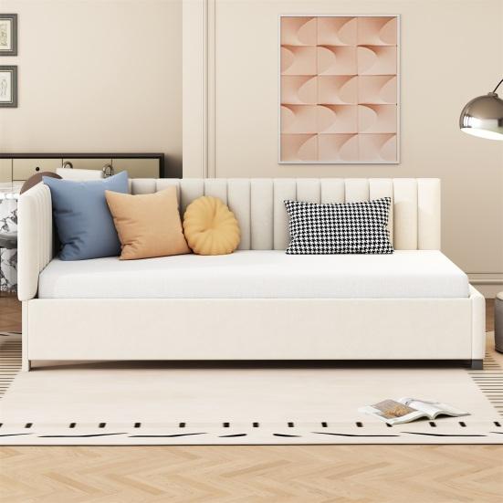 Low Daybed Upholstered Sofa Bed 90x200CM Slatted Frame Velvet Fabric Sleeping Couch Modern Grey Beige Living Room Single Day with Sponge Filling