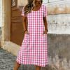 Damen Kurzarm Print Midi Kleid Rundhalsausschnitt Lockerer Schnitt Sommer Freizeitkleid mit Taschen für den täglichen Gebrauch