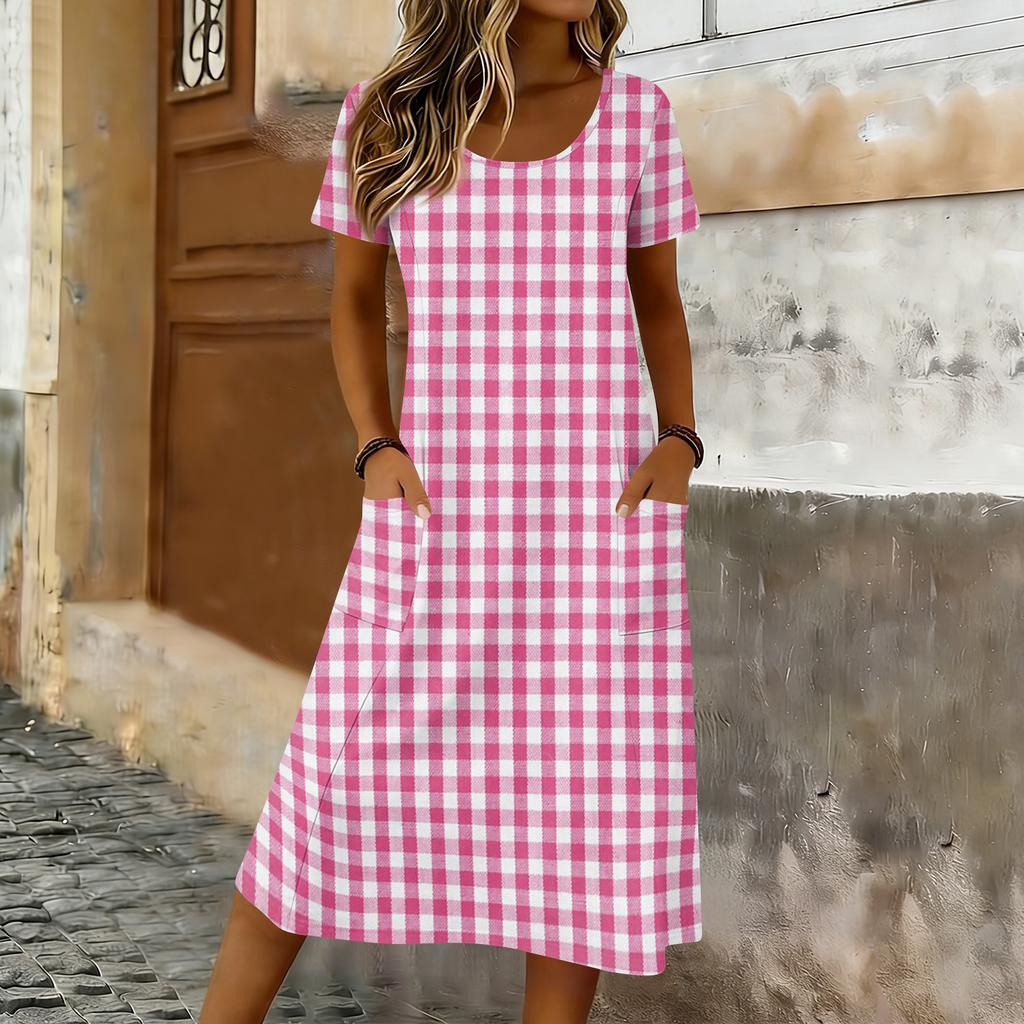 Damen Kurzarm Print Midi Kleid Rundhalsausschnitt Lockerer Schnitt Sommer Freizeitkleid mit Taschen für den täglichen Gebrauch