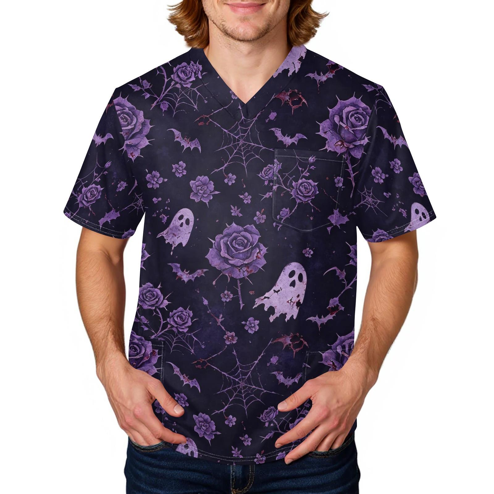 Men s Halloween Print Scrub Top Short Sleeve for Work Uniform XL