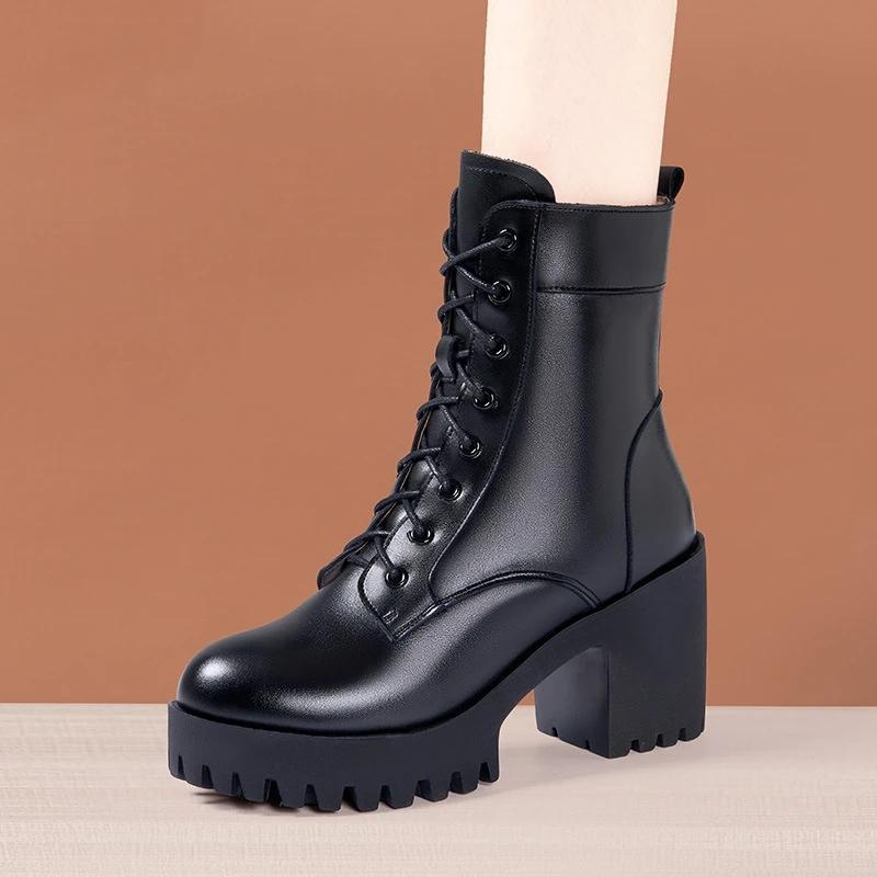 8cm Small Size 32-43 New Block High Heels Shoes Genuine Leather Boot Winter 2025 Thick Fur Wool Ankle Boots Office Model Mom