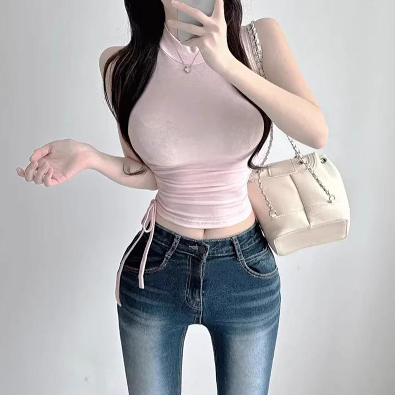 Women's Sporty Style Sleeveless Tight T-Shirt with Ruffled Base Layer, Half-High Neck, Thin and Slightly See-Through