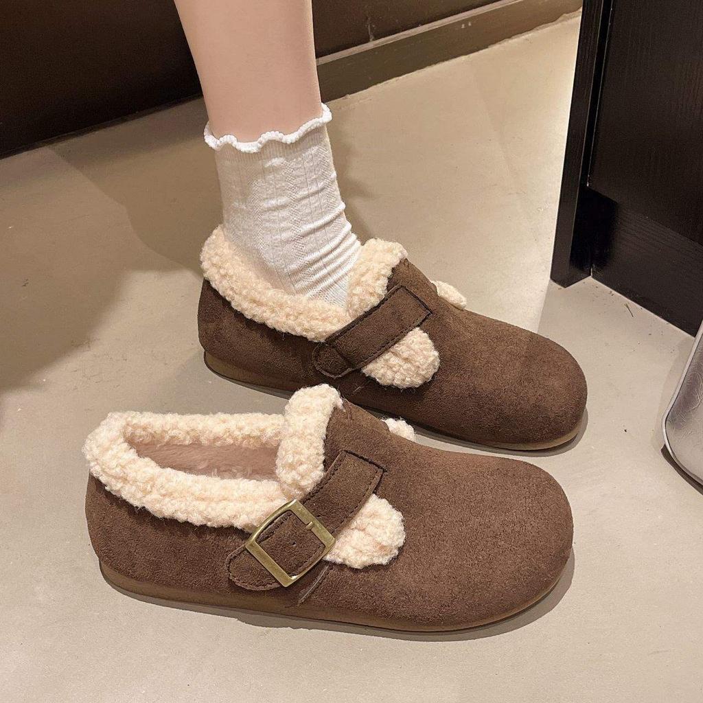Autumn four-season Doudou shoes women's velvet loafers wear flat-soled retro soft-soled Birkenstock big head and cotton shoes