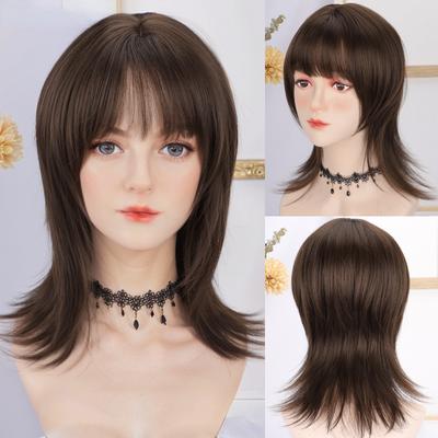 16 Inch Straight Bangs Wig Fiber Synthetic Wig Heat-resistant Non-Glare Natural Cosplay Hairpiece For Women Daily Use Korean Fashion
