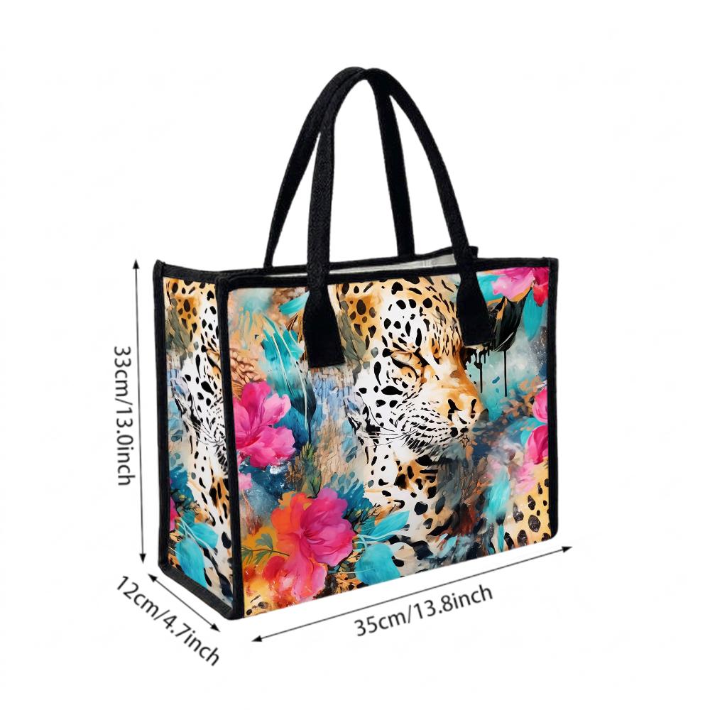 Watercolor Leopard Floral Print Large Tote Bag Fashion Casual Daily Shoulder Handbag
