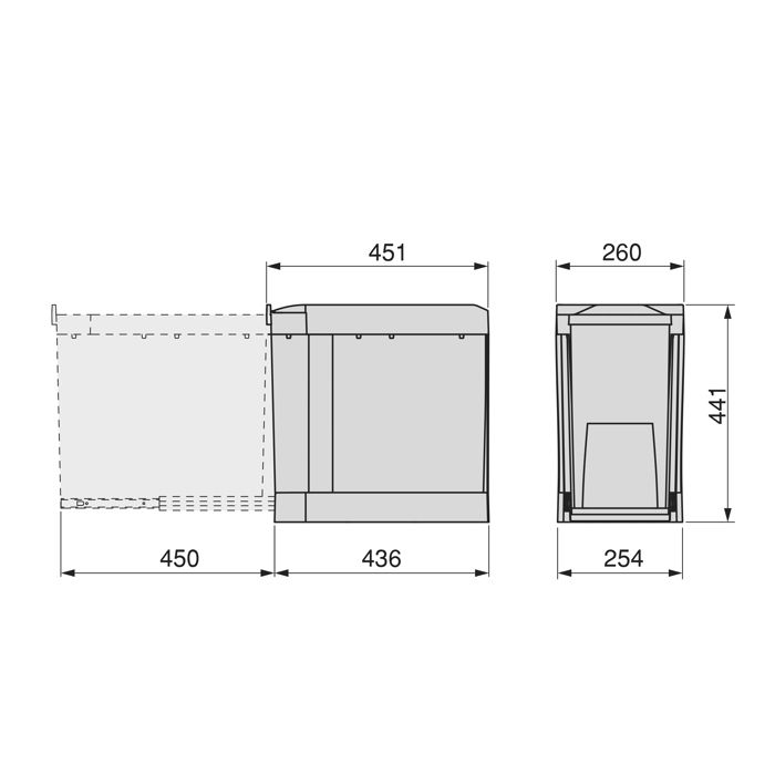 Emuca poubelles de recyclage pour la cuisine, 1 x 30l, fixation inférieure et extraction automatique, acier et plastique, gris