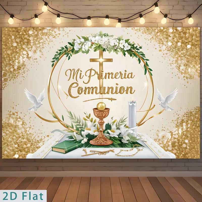 

2D Mi Primera Comunion Celebration Background, Chalice & Dove Decor 47.2x31.5inch/120*80cm