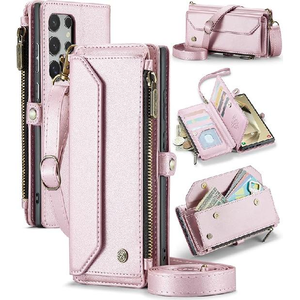 

COVO for Samsung S24 Ultra Case with RFID Blocking for Samsung Galaxy S24 Ultra Wallet Case for Women Men, PU Leather Magnetic Flip Strap Zipper Card Phone Case for Galaxy S24 розовый
