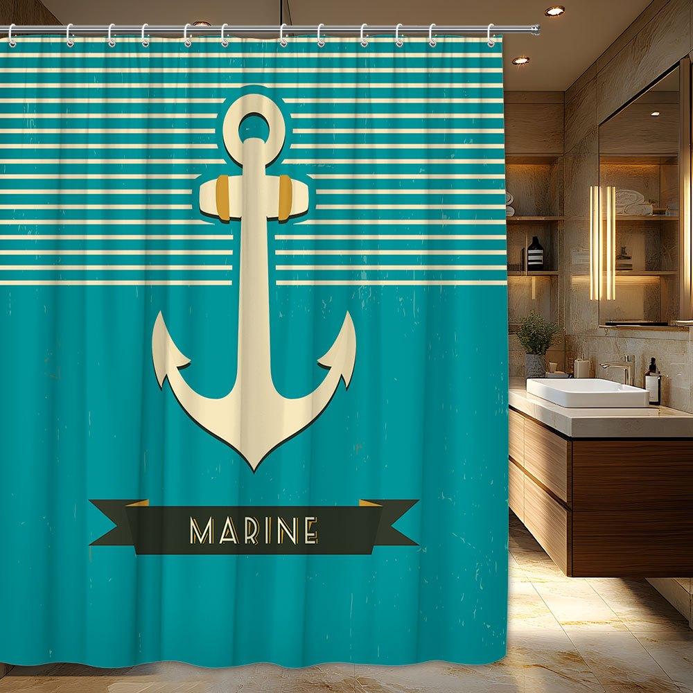 1pc Nautical Anchor Shower Curtain - Teal Stripes, Vintage Marine Design, Polyester, Machine Washable, Bathroom Decor