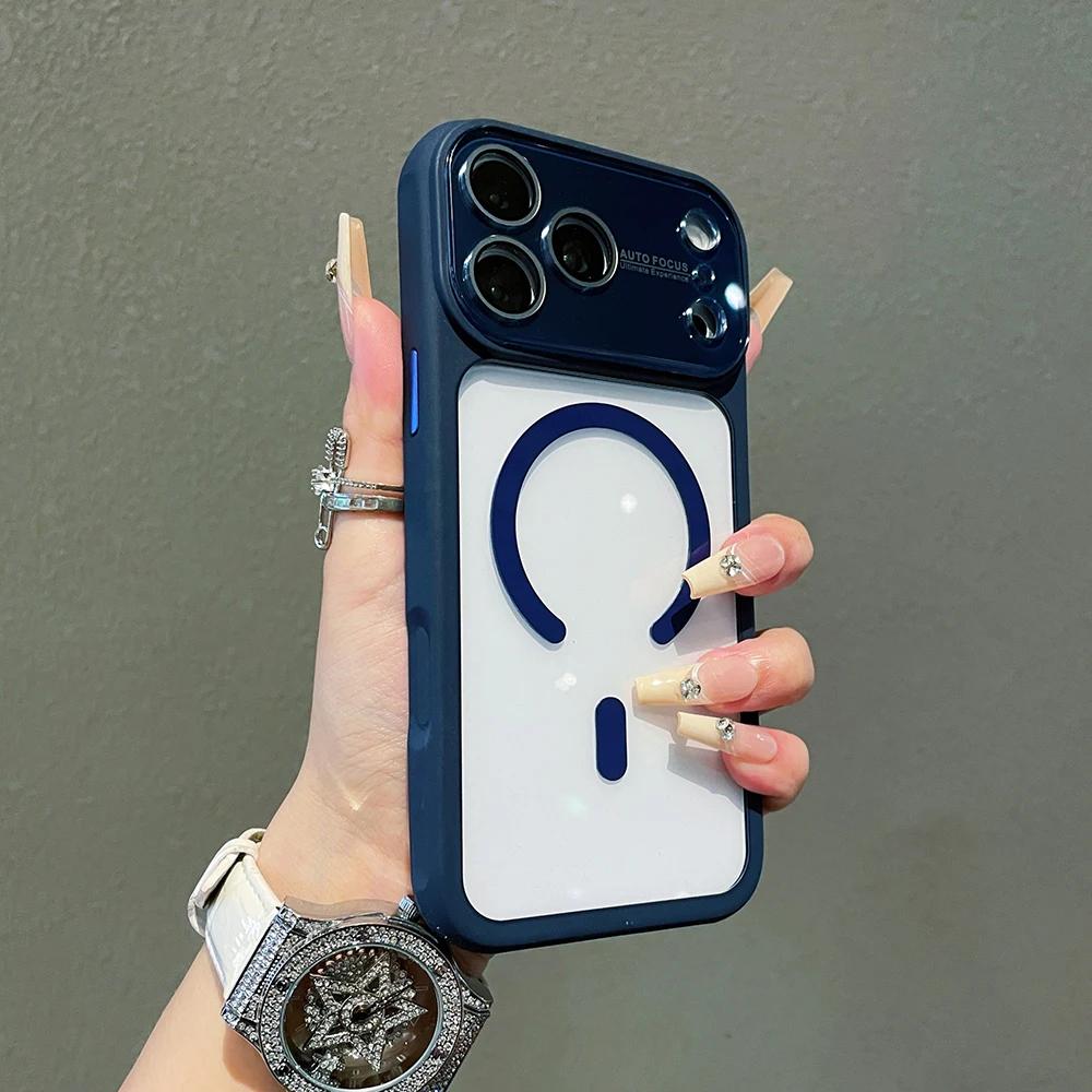 

Large Window Lens Protector Magnetic Shockproof Case For iPhone 17 16 15 Pro Max High-definition Transparent For Magsafe Cover iPhone 15 синий