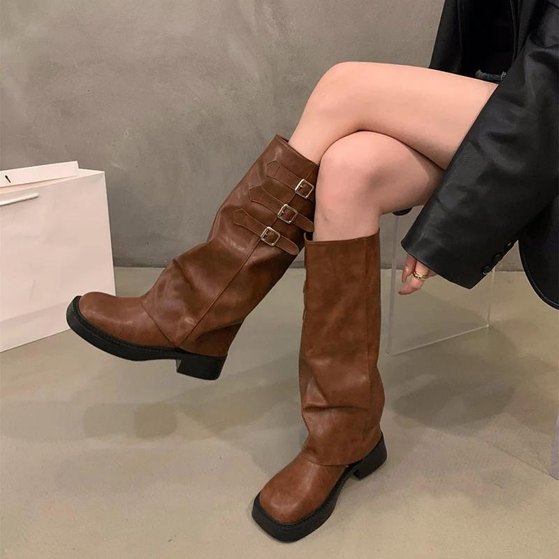 Retro Style Knee High Boots Women Fashion Ladies Slip On Knight Long Boots Autumn Winter Women's Footwear Heels Women Boots