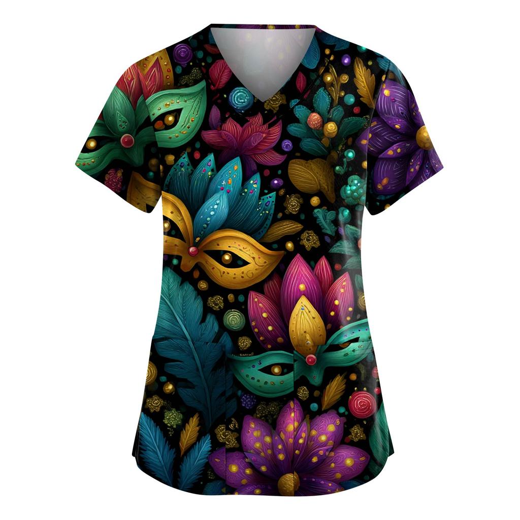 Moda Feminina Decote V Manga Curta Roupa de Trabalho Com Bolsos Estampa Carnaval Blusa Uniforme Cuidador