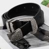 Womens Black PU Leather Belt With Rhinestone Decor Alloy Buckle Y2K Chic Waist Accessory Jeans Casual Office Wear