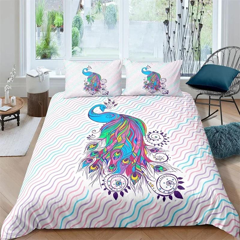 Kinder Pfau Bettbezug Set Einzel Queen Vögel Feder Muster Steppdeckenbezug Zweig Blumen Bettwäsche Set Mikrofaser Tagesdeckenbezug