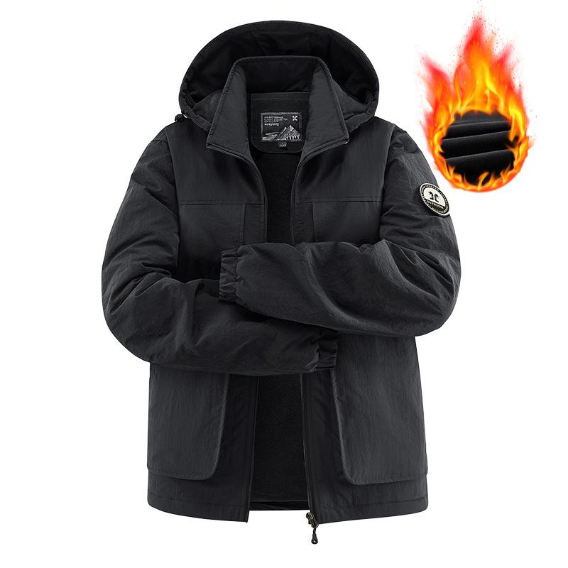 Men's Waterproof Jacket Casual Midlife Fleece Jacket  Autumn Winter Fleece Warm multi-pocket Cargo Coats Hooded Overcoats