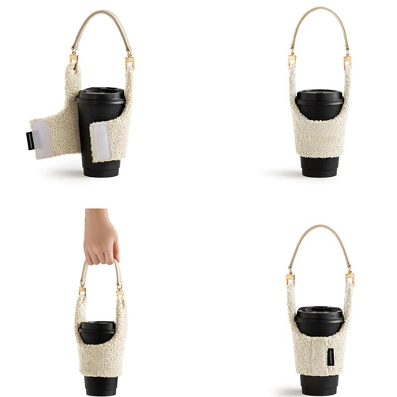 

Plush Portable Drink Holder Sleeves Vacuum Cup Sleeve Eco-Friendly Adjustable Straps Water Mug Tumbler Holder Pouch коричневый