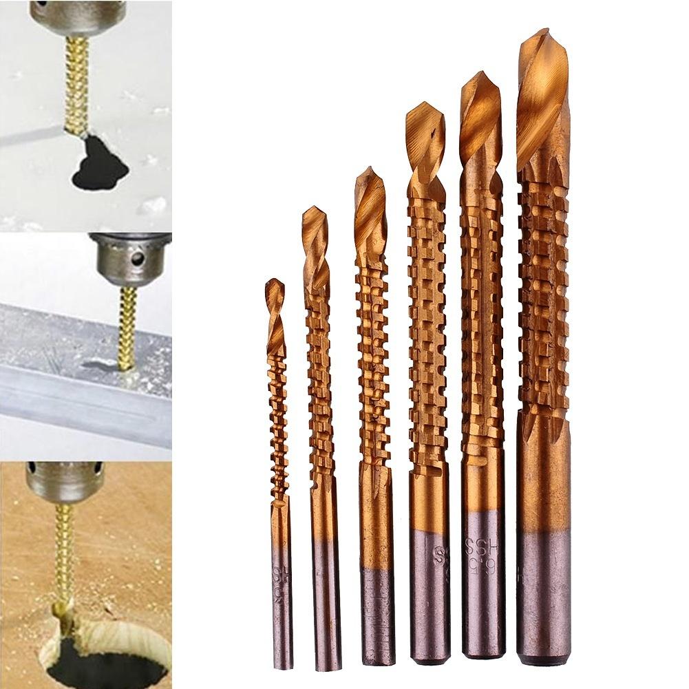 6Pcs Titanium Coated HSS Drill & Saw Carpenter Woodworking Wood Plastic Metal Hole Grooving