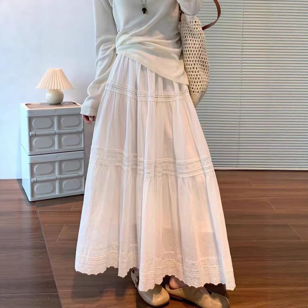 White Mid-length High-Waist Slimming Korean Lace Skirt for Spring/Summer