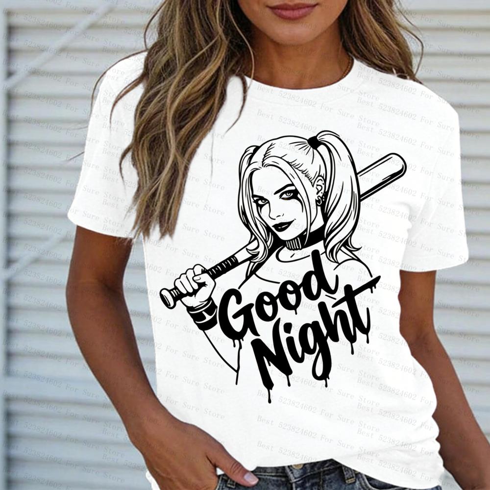 

Womens Harley Quinn Good Night Graphic TShirt Casual Short Sleeve Tee Plus size Streetwear Top for Daily Wear Hot Selling S