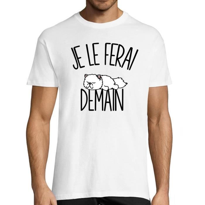T-shirt Homme - Je le ferai demain - Chat Persan - Col Rond - Manches Courtes - Blanc