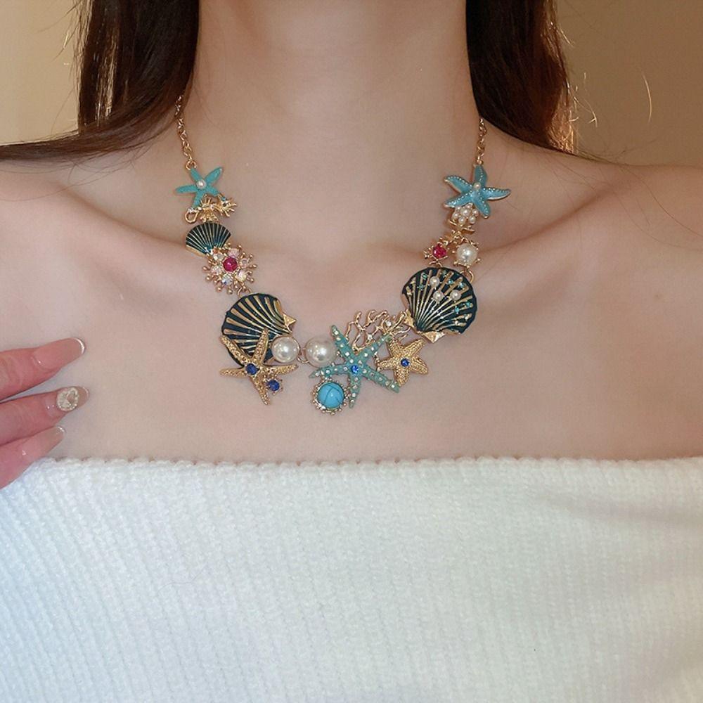 Metal Marine Style Nekclace Earrings Sweet Beach Jewelry Fashion Starfish Shell Necklace  Vacation