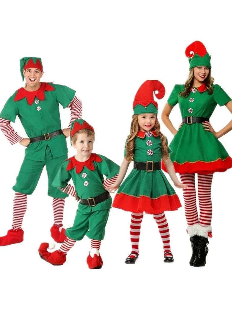 Non-Toxic Children Christmas Elf Costumes Santa Claus Suit Festival Adult Family Halloween Cosplay Sets Green Elves Clothes