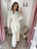 European American Style Fashion Suit: Buckle Decor Jacket & Straight-Leg Pants Two-Piece Slim Fit Set for Women