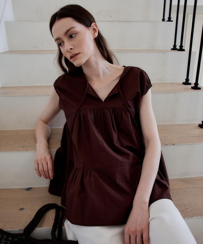 THEELO Shirred Panel Top Blouse (Brown)