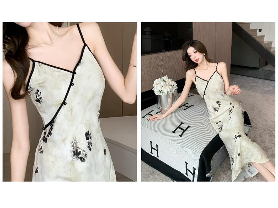 Authentic Chinese-Style Satin Camisole Dress: National Print, Bias Cut, High Waist, Slimming, Long-Tempered Fit