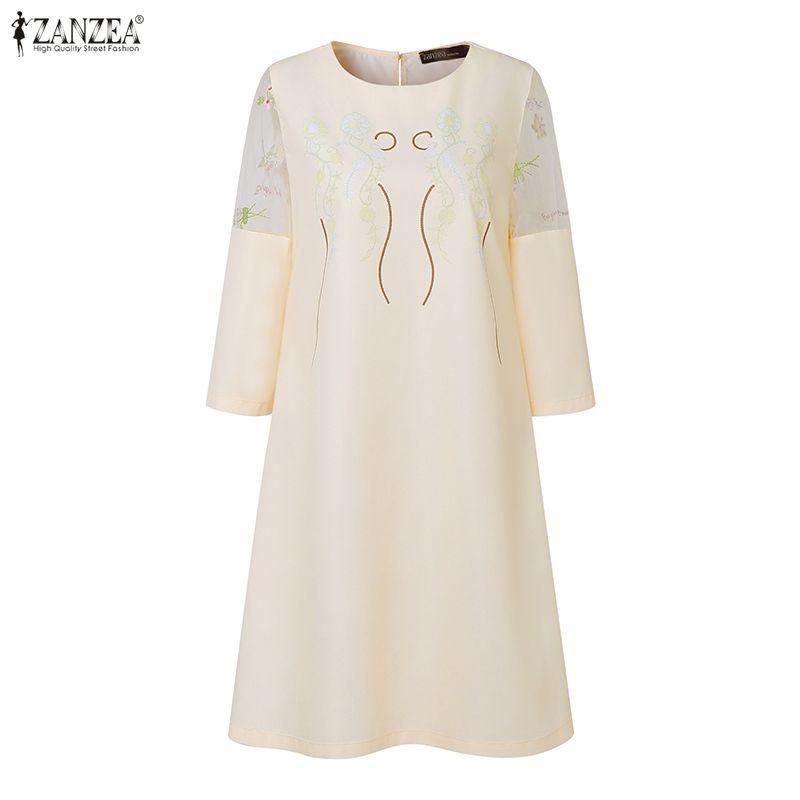 ZANZEA Damen Freizeit Rundhals 3/4 Ärmel Lockeres Printkleid