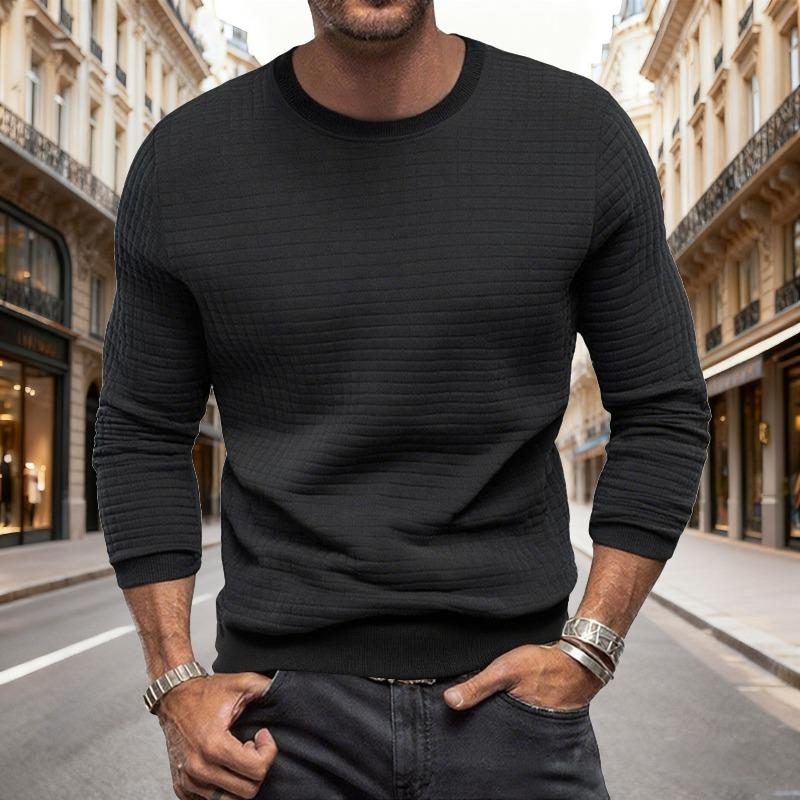 Men's Fall Winter Slim Fit Crew Neck Long Sleeve Sweatshirt, Solid Small Grid Pattern Casual Base Layer Pullover Tops
