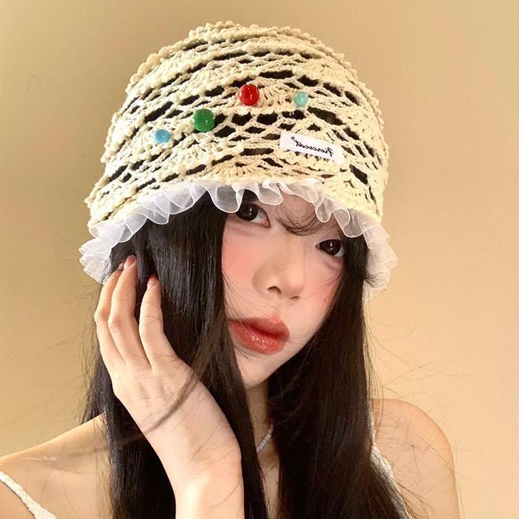 Chapéu de renda com borda de contas coloridas, vazado, feminino, de verão, fino, respirável, para rosto pequeno, chapéu de cabeça de tricô