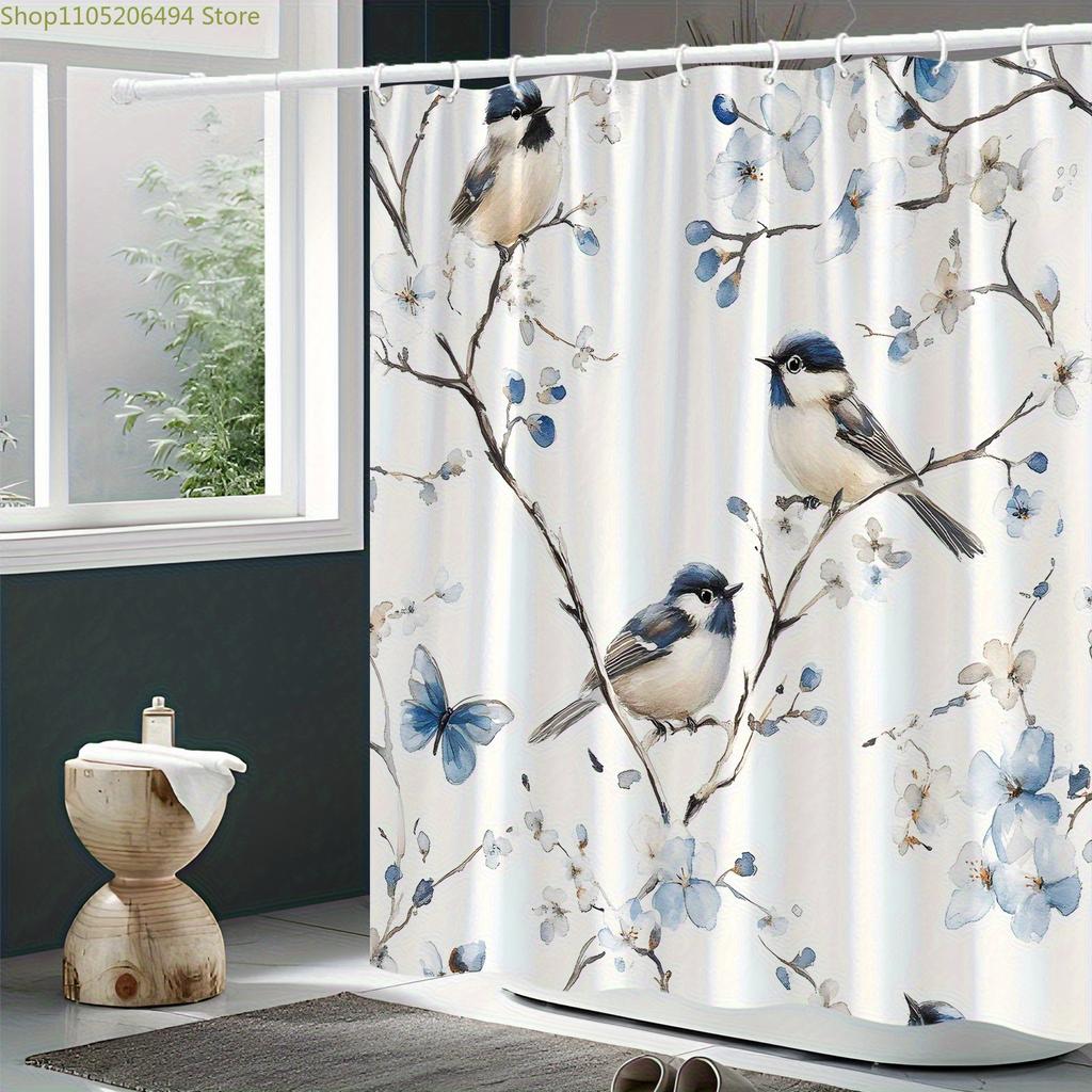 A Bird Flower Print Shower Curtain, Digitally Printed, Suitable for All Seasons, Artistic Design, No-drill Extra-wide Ring Par