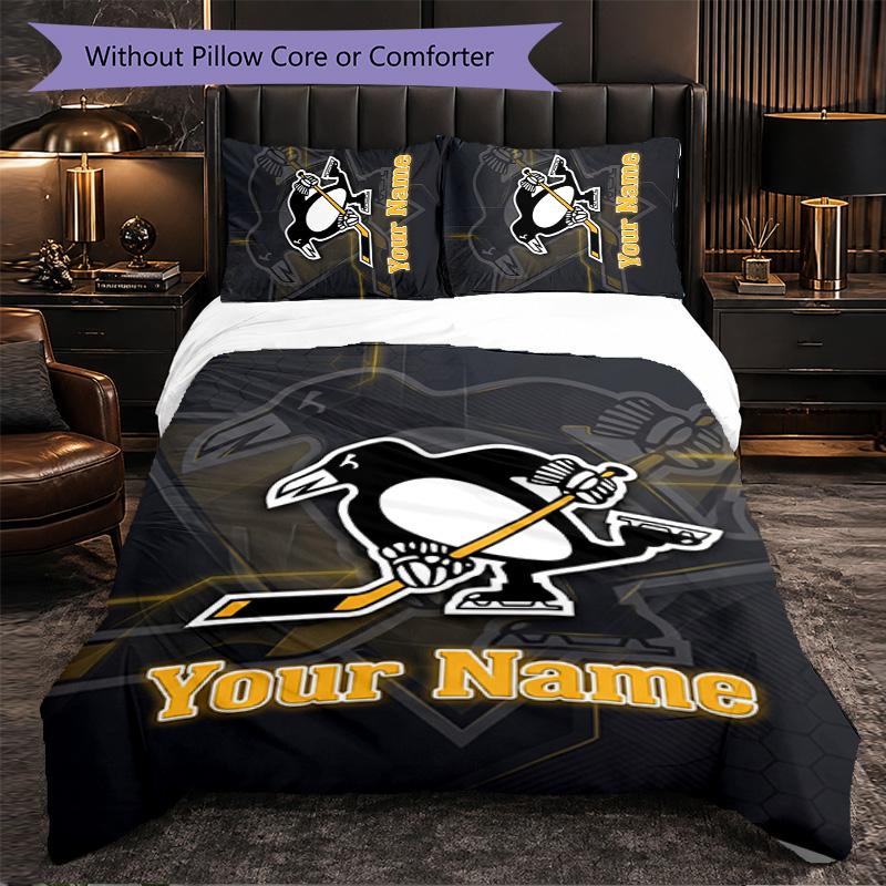Set Biancheria da Letto Personalizzato Pittsburgh Penguins con Nome Testo, 1 Copripiumino & 2 Federe Regalo Personalizzato per Camera da Letto