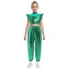 Kids Girls Hip-Hop Jazz Dance Set Mock Neck Rhinestone Mesh Patchwork Sleeveless Metallic Ruffle Crop Top with Shiny Cargo Pants