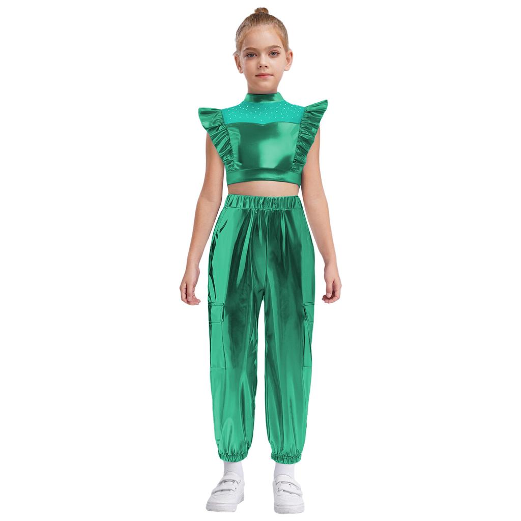 Kids Girls Hip-Hop Jazz Dance Set Mock Neck Rhinestone Mesh Patchwork Sleeveless Metallic Ruffle Crop Top with Shiny Cargo Pants