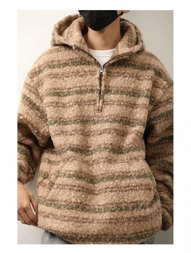 Men's Oversized Japanese Retro Striped Woolen Half-Zip Hoodie Sweater for Autumn/Winter