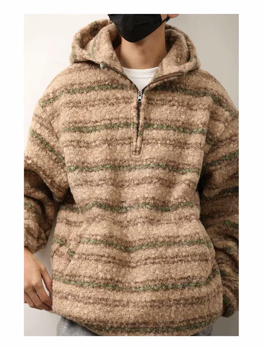 

Мужской свободный свитер с капюшоном из шерстяной ткани в японском ретро-полосатом стиле с застежкой-молнией на половину длины для осени/зимы L хаки