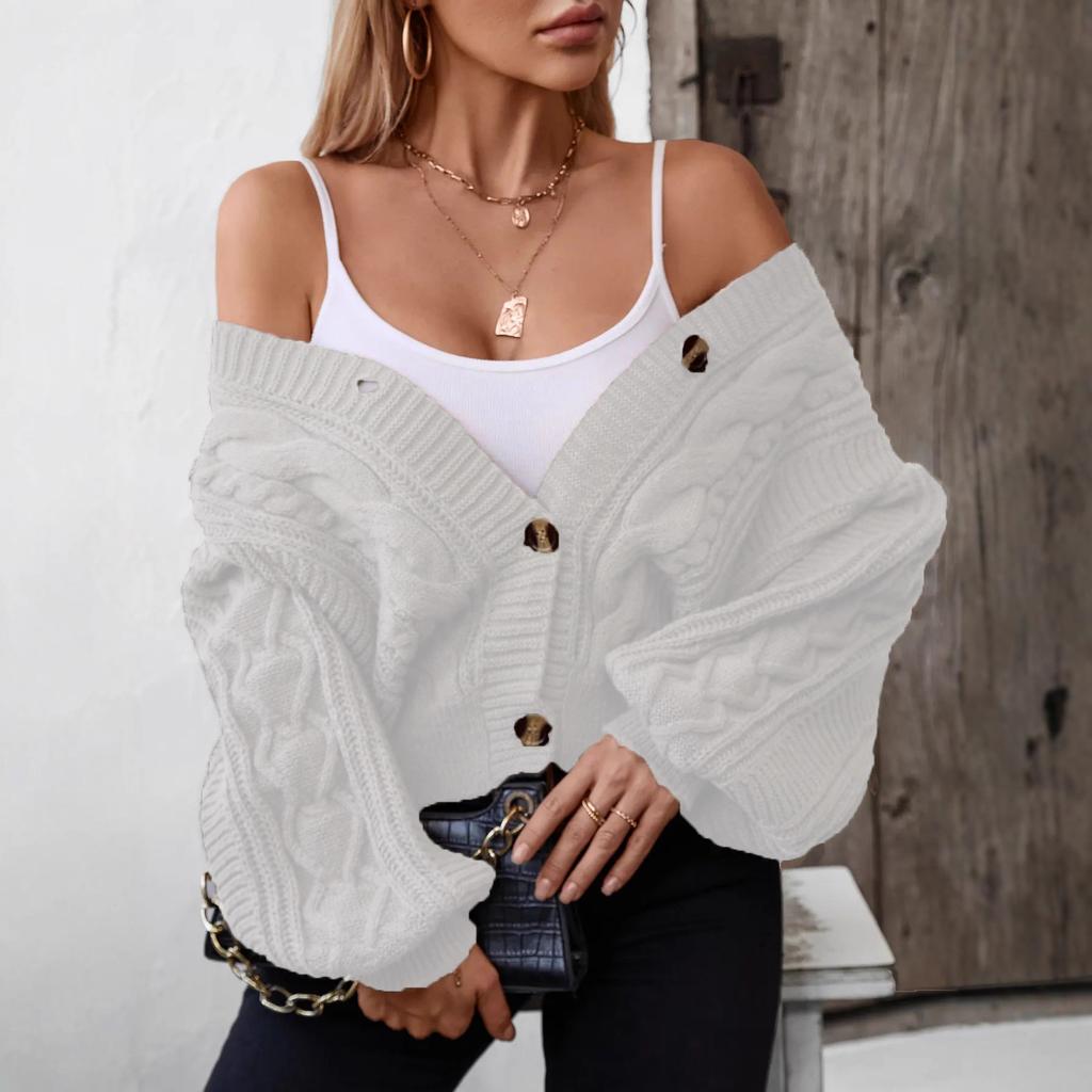 V-neck Sweater for Women, Short Cardigan with Loose Twisted Lantern Sleeves