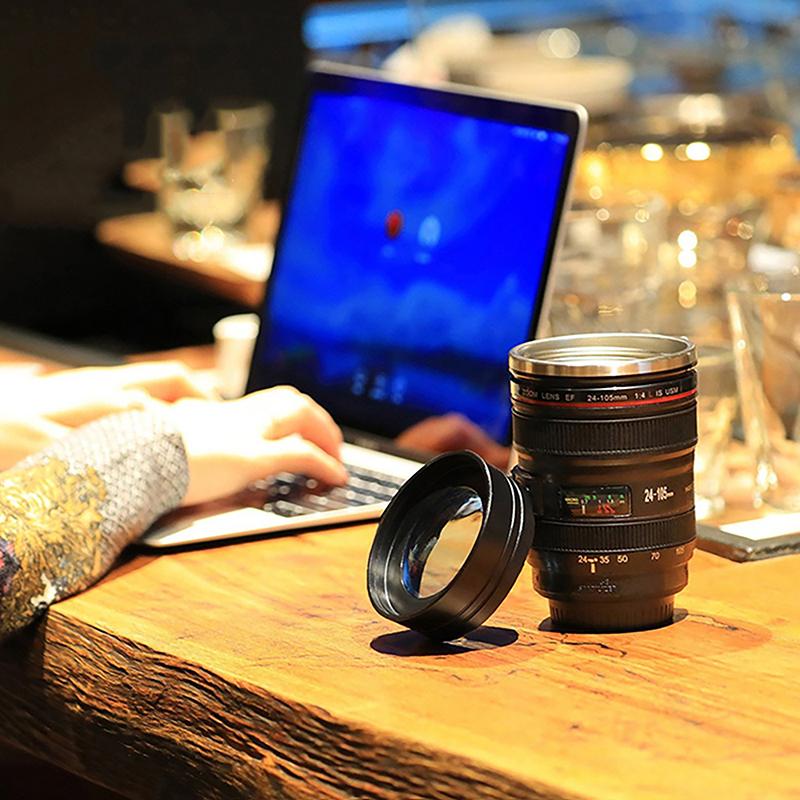 Camera Lens Coffee Mug With Lid Stainless Steel Slr Camera Lens Water Cup Ef24-105Mm Black White Mug Creative Gift Drinkware