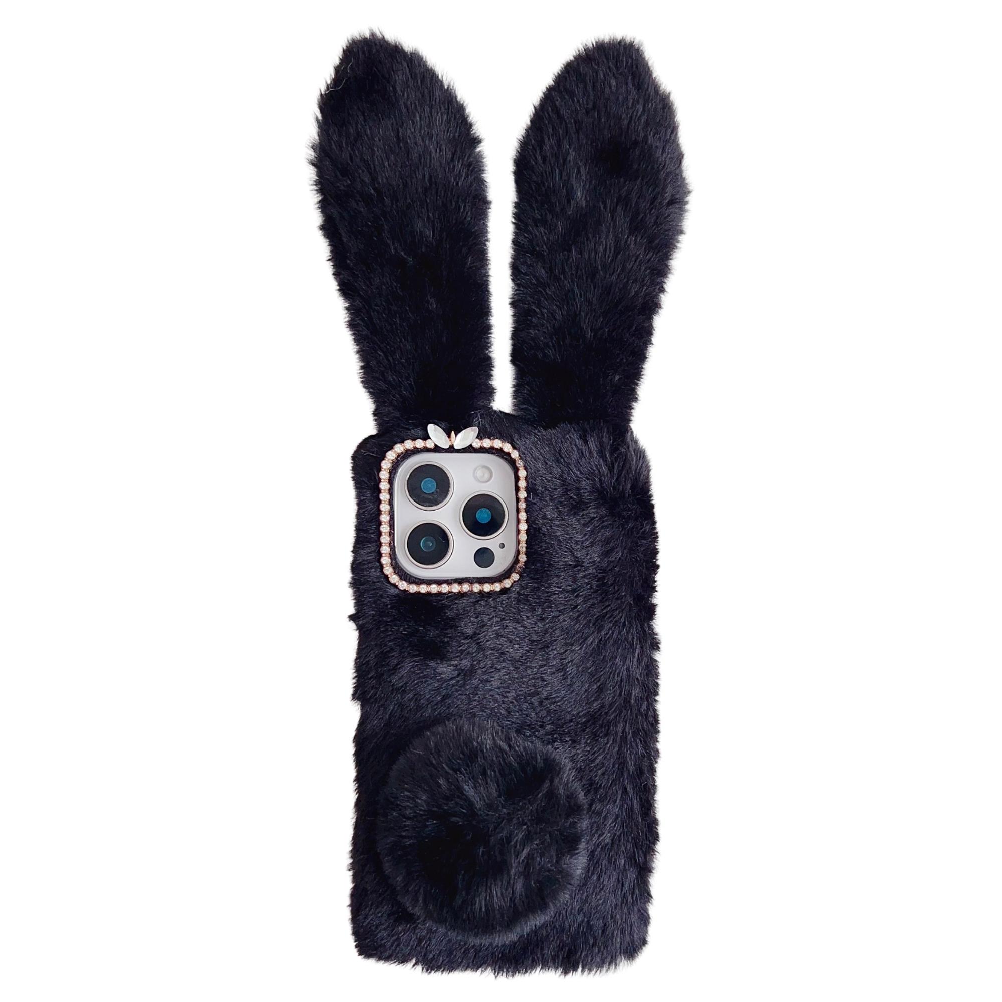 

Чехол для iPhone 16 Pro с кроличьими ушками, пушистый, мягкий ТПУ, защитная накладка для телефона Black