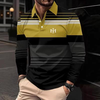 Camisa polo para hombre, estampado a bloques de color a rayas 3D, camiseta de golf deportiva de moda con cuello, top casual para hombre, camiseta de manga larga, m