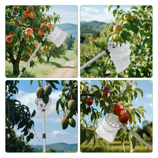 Long Handle Fruit Picker Metal Fruit Harvesting Claw with Cloth Bag Stainless Steel Pole Adjustable Tree Fruit Harvester for Apples