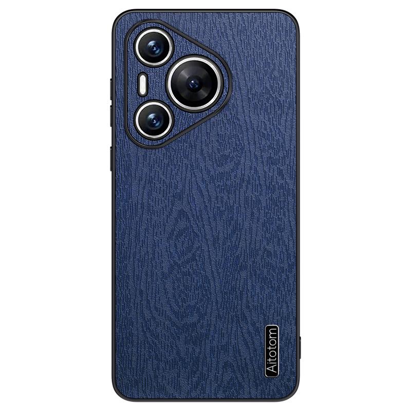 

For Huawei Pura 70 Case Wood Grain PU Leather+PC+TPU Slim-Fit Phone Guard Cover Blue