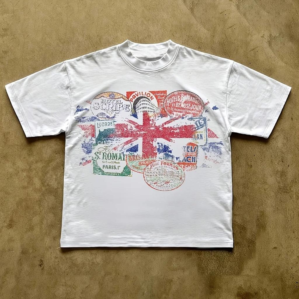 2026 Y2K Harajuku Retro Print Short-Sleeve Street Fashion Crew Neck T-Shirt New Men's and Women's Retro Street Y2K Casual Top
