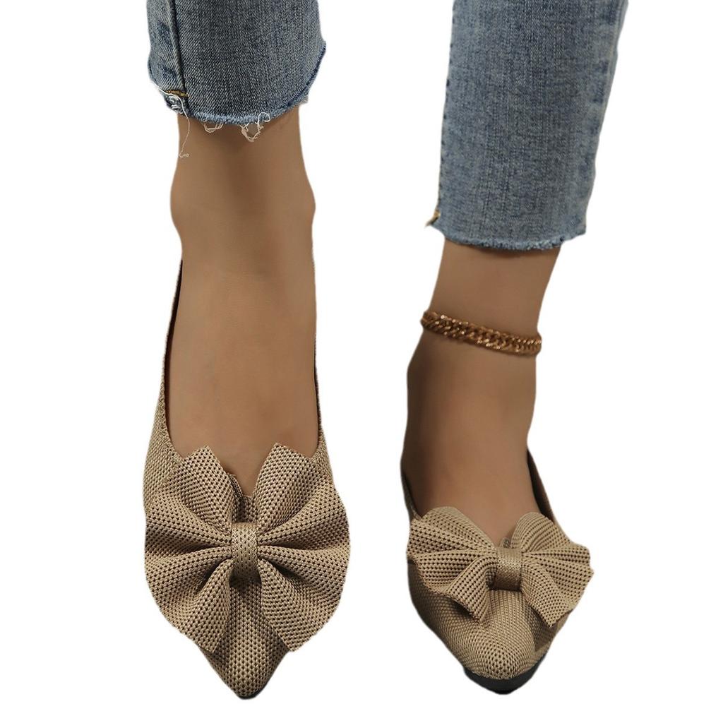 Flat-bottomed fly-woven single shoes 2025 new large-size pointed head shallow mouth bow foot cover four-season comfortable Doudou shoes women